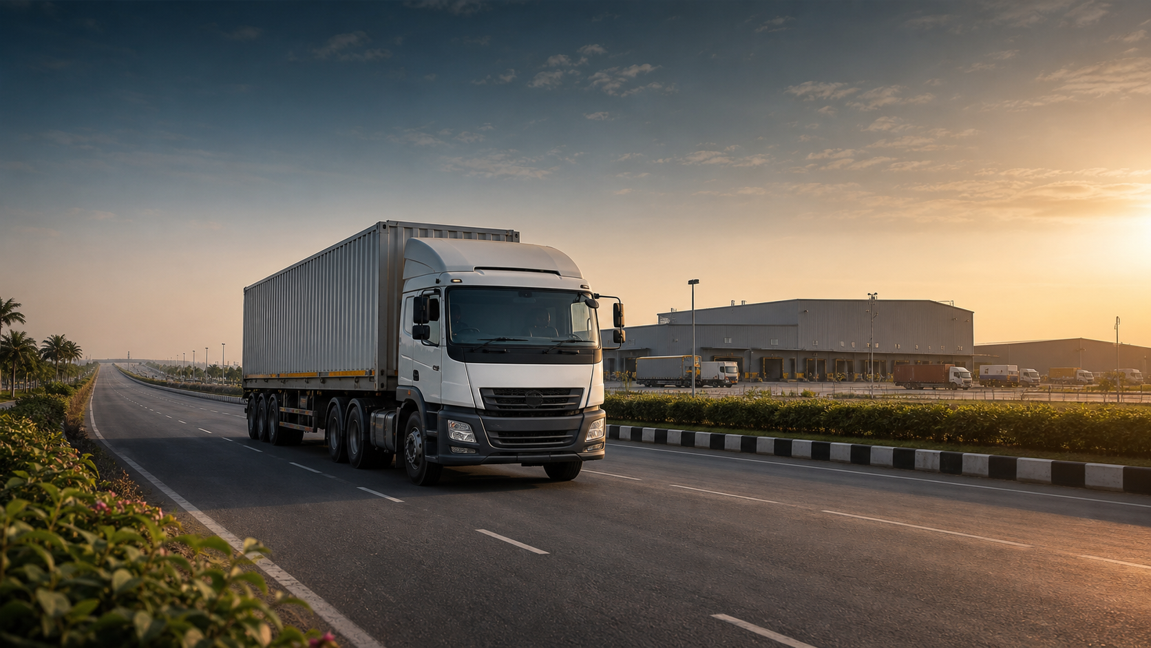 Freight truck moving on a highway beside a logistics facility